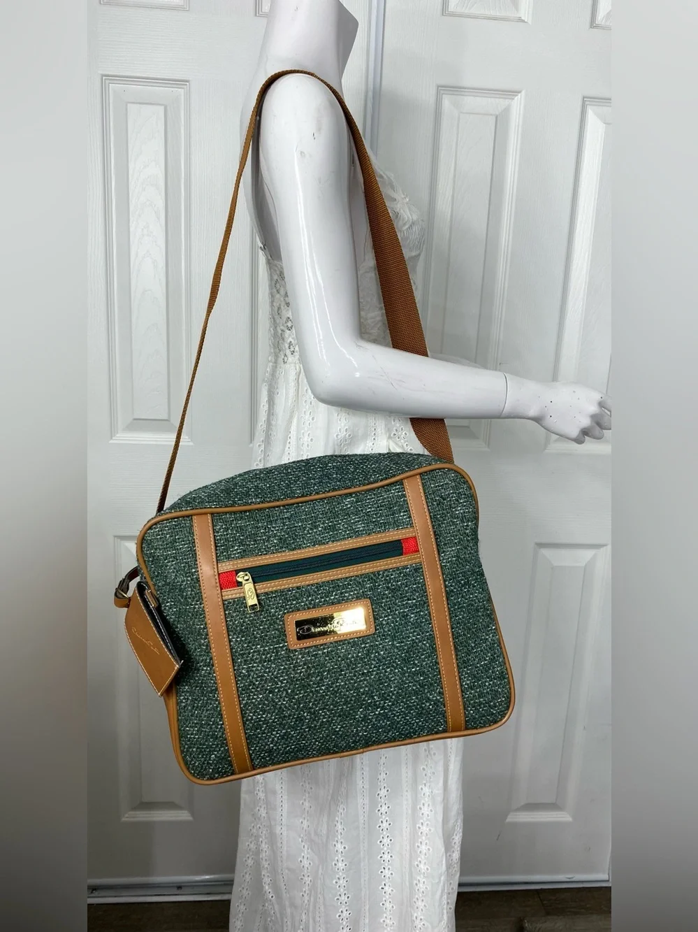 Oscar de la Renta Green Tweed Messenger with Tan Trim and Gold Hardware